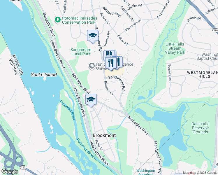 map of restaurants, bars, coffee shops, grocery stores, and more near 6451 Brookes Lane in Bethesda