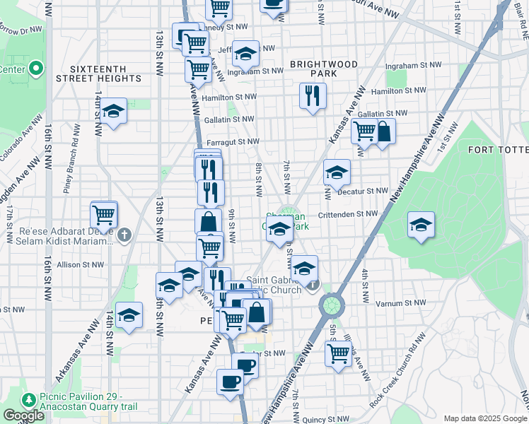 map of restaurants, bars, coffee shops, grocery stores, and more near 4705 8th Street Northwest in Washington