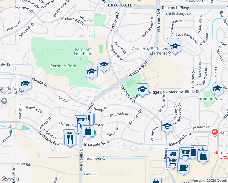 map of restaurants, bars, coffee shops, grocery stores, and more near 8067 Lexington Park Drive in Colorado Springs