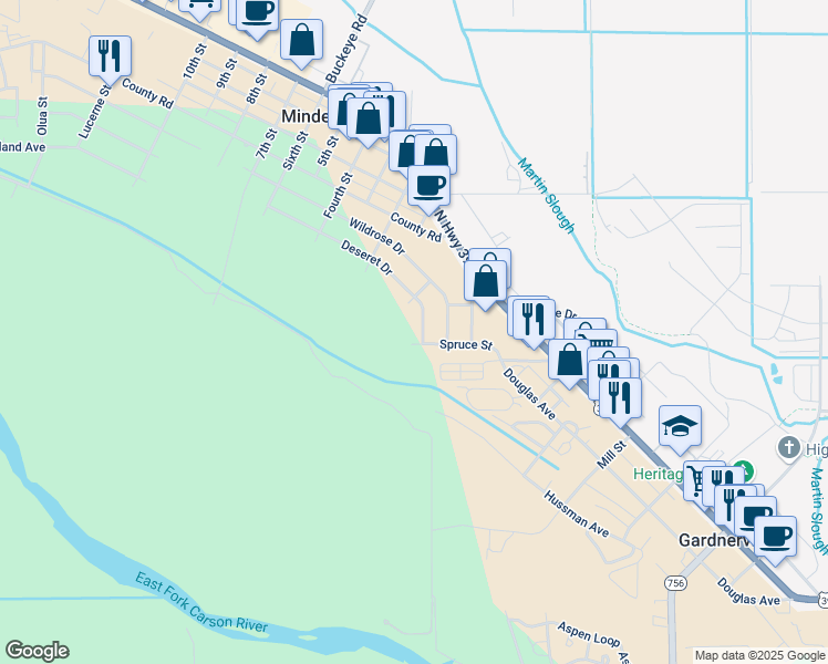 map of restaurants, bars, coffee shops, grocery stores, and more near 1508 Deseret Drive in Minden