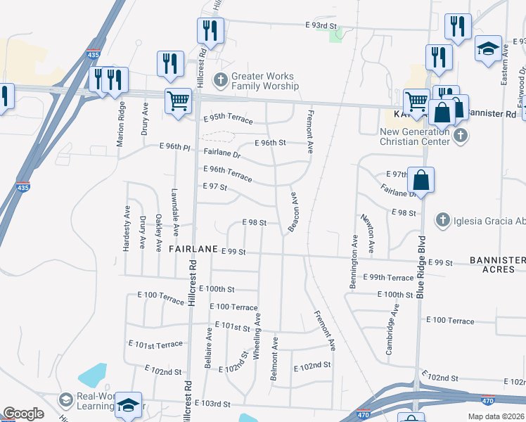 map of restaurants, bars, coffee shops, grocery stores, and more near 6105 East 97 Street in Kansas City
