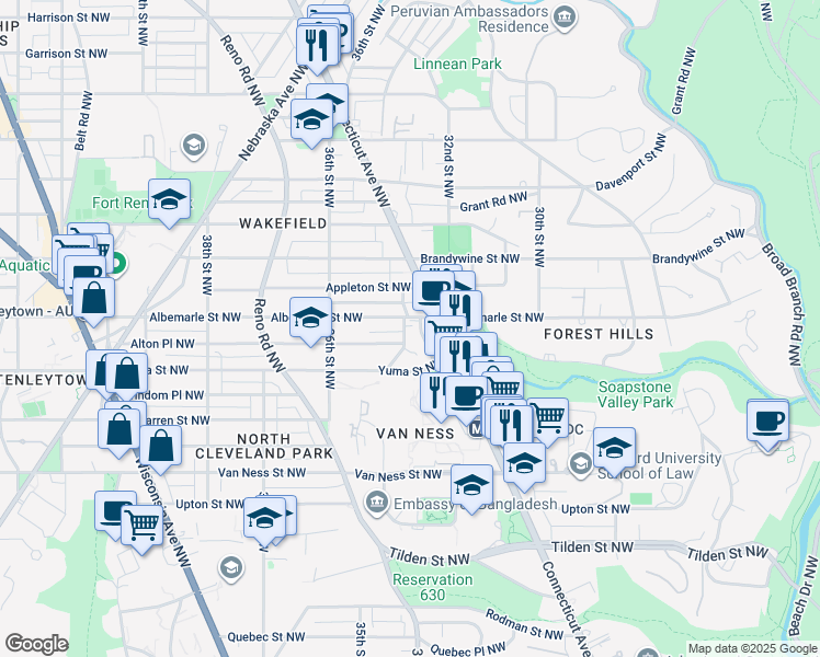 map of restaurants, bars, coffee shops, grocery stores, and more near 4433 35th Street Northwest in Washington
