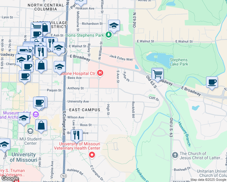 map of restaurants, bars, coffee shops, grocery stores, and more near 1622 Anthony Street in Columbia