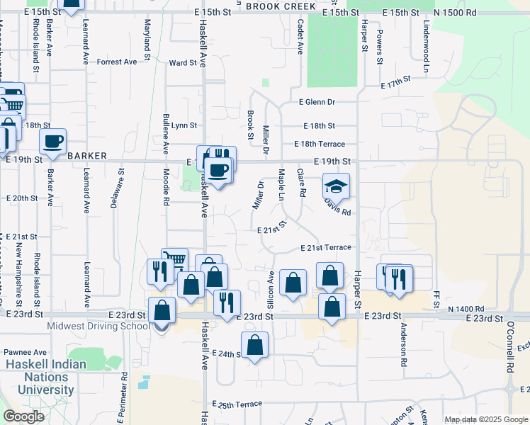 map of restaurants, bars, coffee shops, grocery stores, and more near 1304 Fair Lane in Lawrence