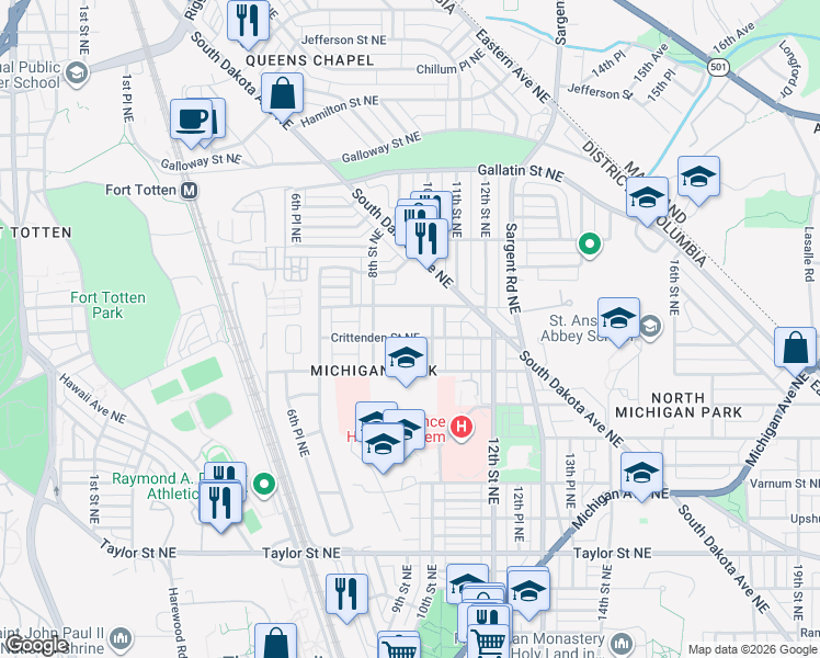 map of restaurants, bars, coffee shops, grocery stores, and more near 830 Crittenden Street Northeast in Washington