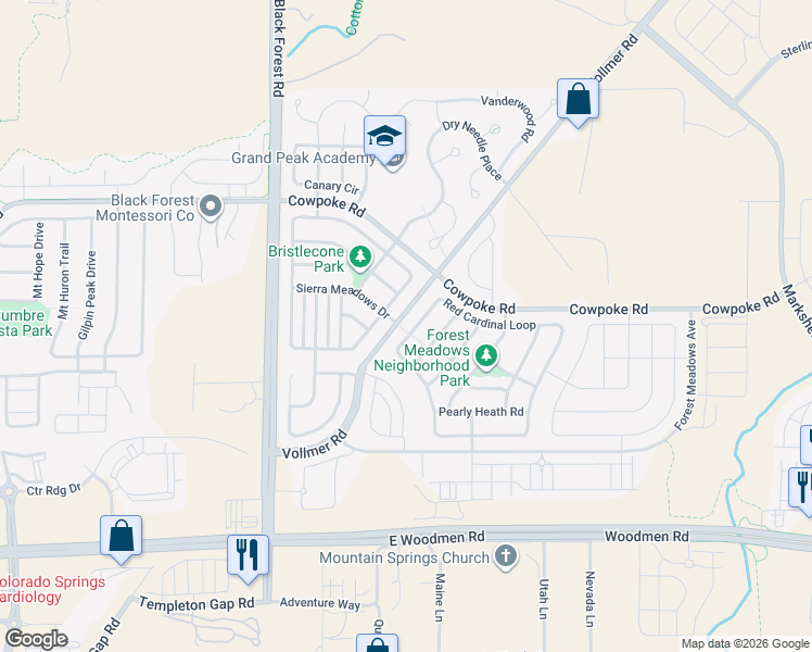 map of restaurants, bars, coffee shops, grocery stores, and more near 7172 Red Cardinal Loop in Colorado Springs