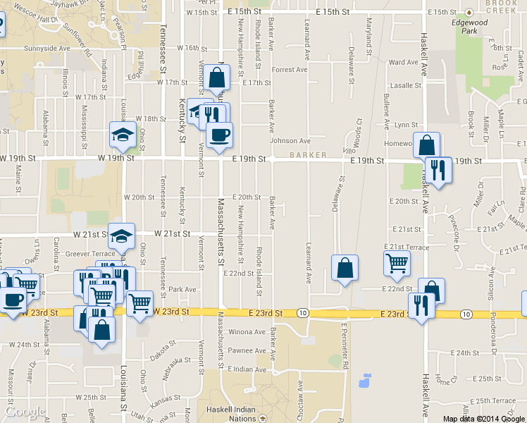 map of restaurants, bars, coffee shops, grocery stores, and more near 2016 Rhode Island Street in Lawrence
