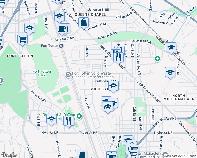 map of restaurants, bars, coffee shops, grocery stores, and more near 718 Crittenden Street Northeast in Washington