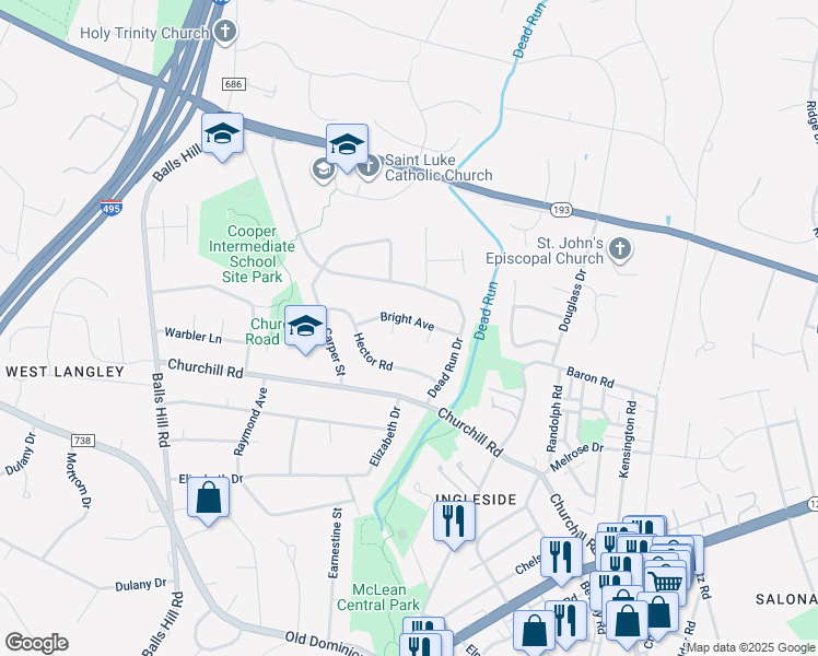 map of restaurants, bars, coffee shops, grocery stores, and more near 6911 Bright Avenue in McLean