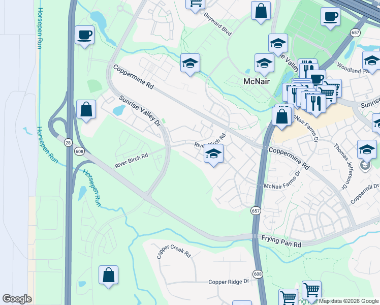 map of restaurants, bars, coffee shops, grocery stores, and more near 13676 Saint Johns Wood Place in Herndon