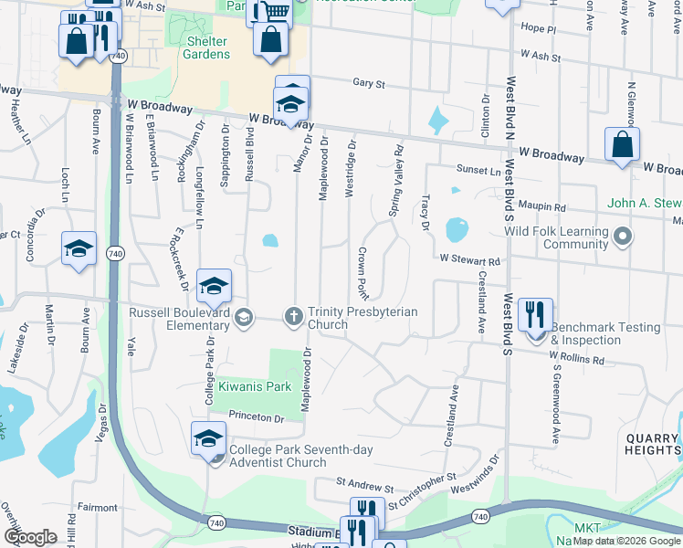 map of restaurants, bars, coffee shops, grocery stores, and more near 501 Westridge Drive in Columbia