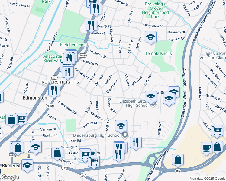 map of restaurants, bars, coffee shops, grocery stores, and more near 5609 Elberton Court in Hyattsville