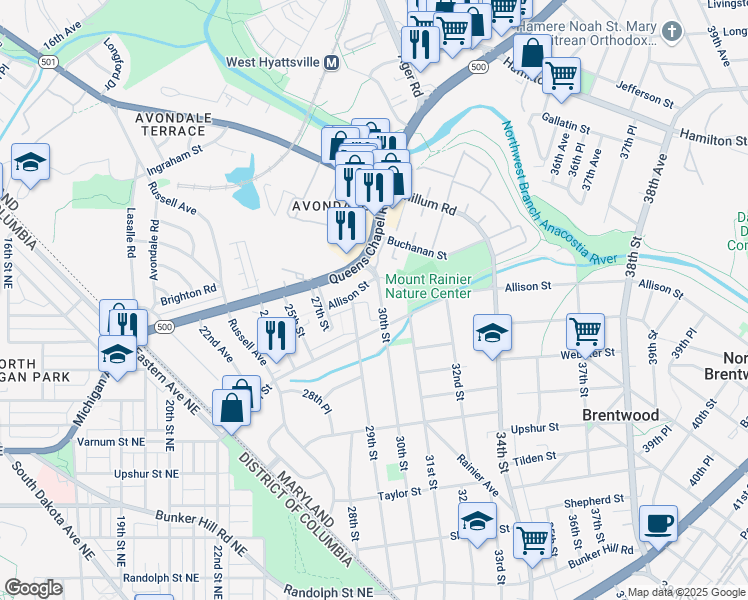 map of restaurants, bars, coffee shops, grocery stores, and more near 2907 Allison Street in Mount Rainier
