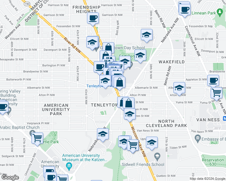 map of restaurants, bars, coffee shops, grocery stores, and more near 4450 Wisconsin Avenue Northwest in Washington
