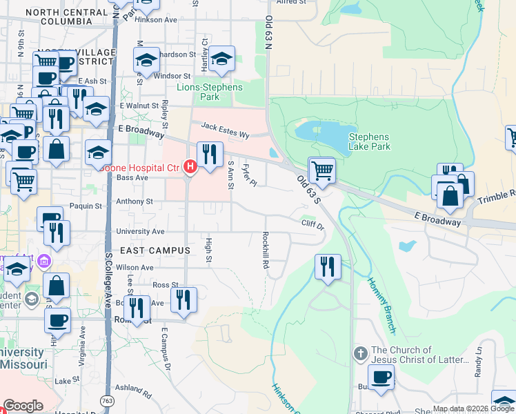 map of restaurants, bars, coffee shops, grocery stores, and more near 1717 Cliff Drive in Columbia