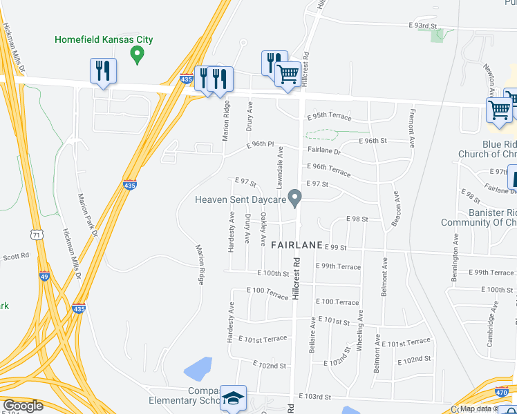 map of restaurants, bars, coffee shops, grocery stores, and more near 9800 Oakley Avenue in Kansas City