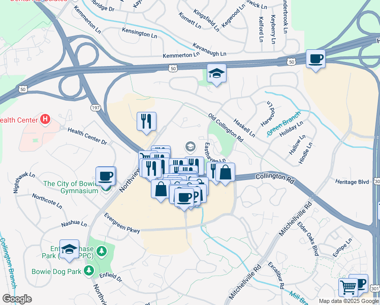 map of restaurants, bars, coffee shops, grocery stores, and more near 4321 Collington Road in Bowie