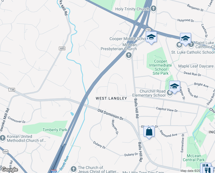 map of restaurants, bars, coffee shops, grocery stores, and more near 1100 Delf Drive in McLean