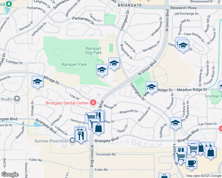 map of restaurants, bars, coffee shops, grocery stores, and more near 2784 Thrush Grove in Colorado Springs
