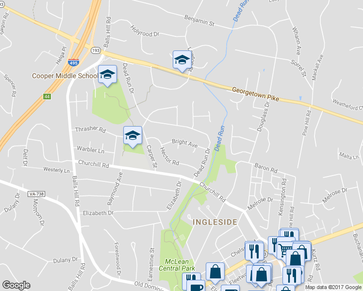 map of restaurants, bars, coffee shops, grocery stores, and more near 1101 Roberta Court in McLean