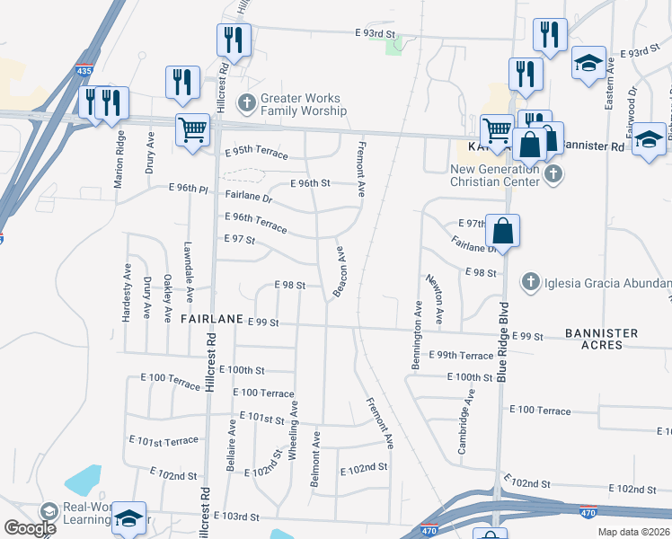 map of restaurants, bars, coffee shops, grocery stores, and more near 9702 Beacon Avenue in Kansas City