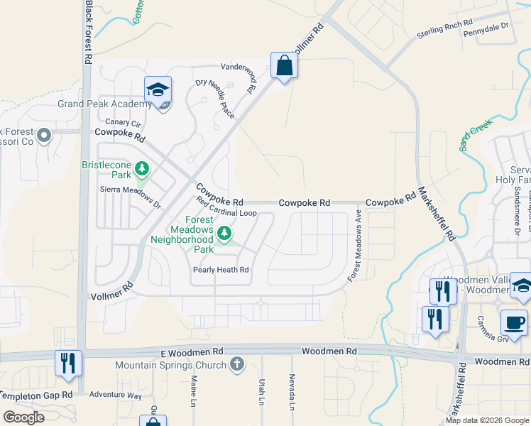 map of restaurants, bars, coffee shops, grocery stores, and more near 6817 Red Cardinal Loop in Colorado Springs