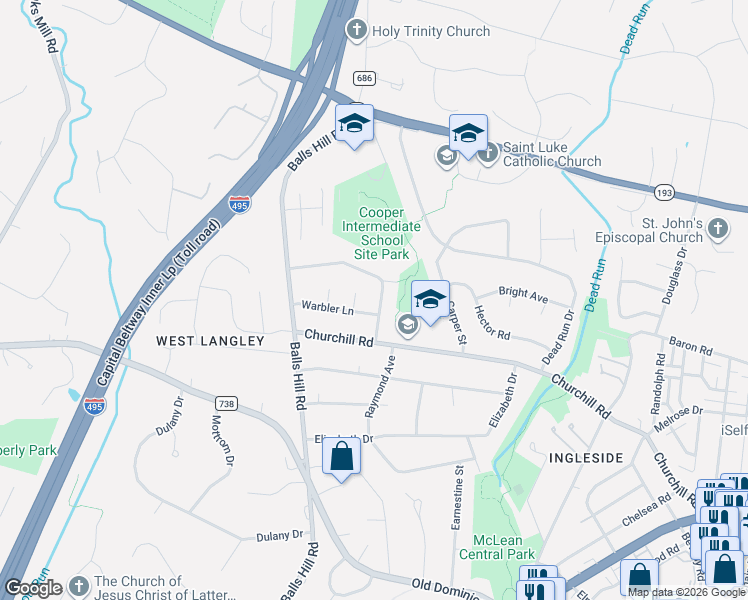 map of restaurants, bars, coffee shops, grocery stores, and more near 7111 Thrasher Rd in McLean