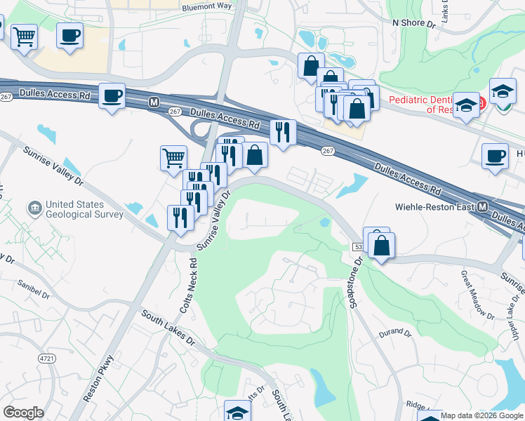 map of restaurants, bars, coffee shops, grocery stores, and more near 11744 Indian Ridge Road in Reston
