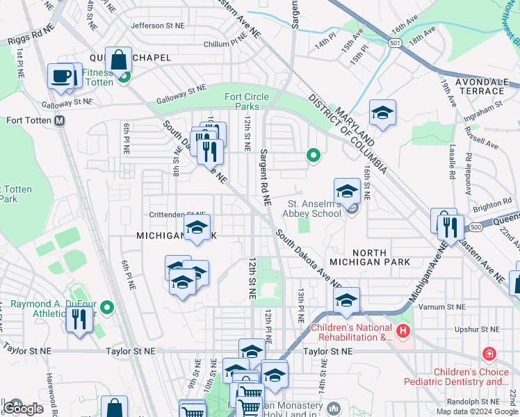 map of restaurants, bars, coffee shops, grocery stores, and more near 4805 South Dakota Avenue Northeast in Washington