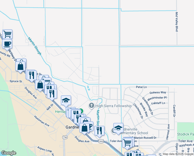 map of restaurants, bars, coffee shops, grocery stores, and more near 1254U Concho Trail in Gardnerville