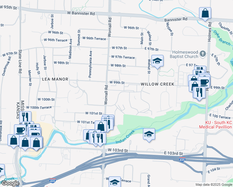 map of restaurants, bars, coffee shops, grocery stores, and more near 10000 Wyandotte Street in Kansas City