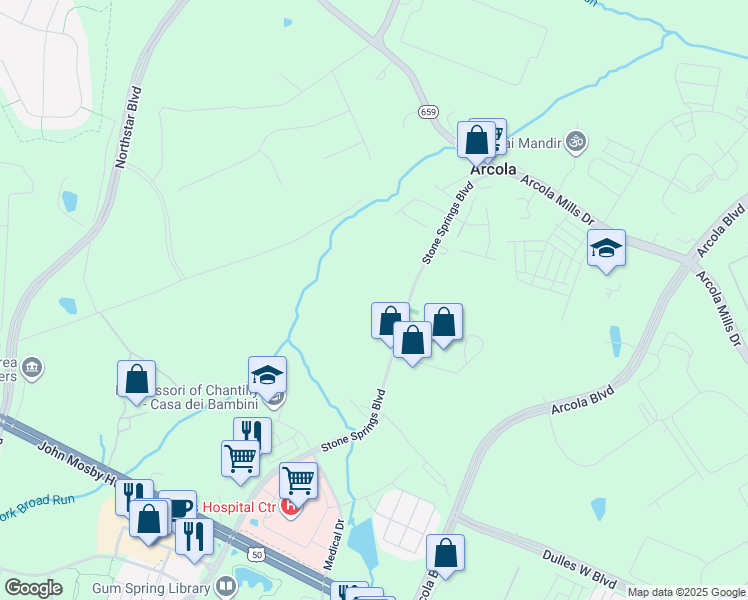 map of restaurants, bars, coffee shops, grocery stores, and more near 24269 Stone Springs Boulevard in Sterling