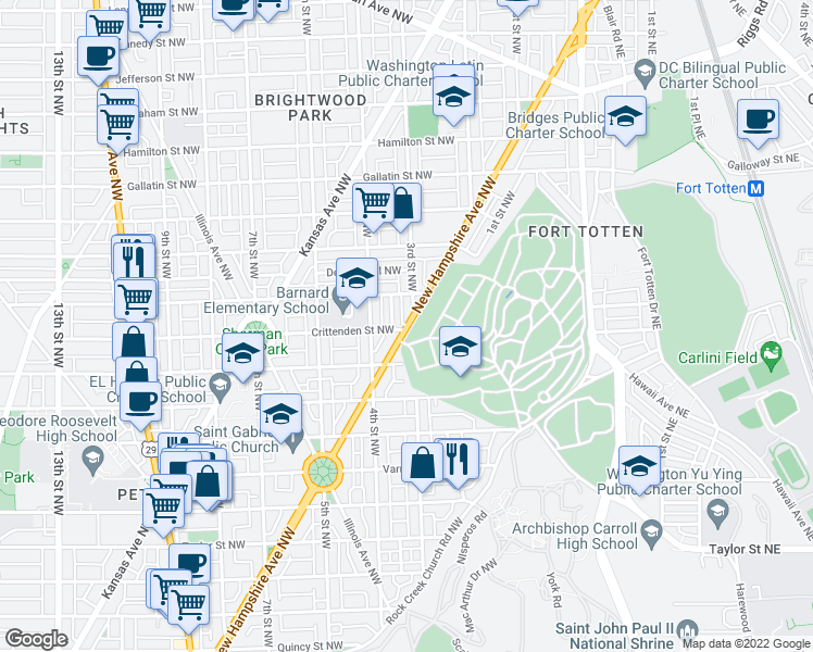 map of restaurants, bars, coffee shops, grocery stores, and more near 4700 New Hampshire Avenue Northwest in Washington