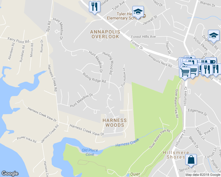 map of restaurants, bars, coffee shops, grocery stores, and more near 1506 Hunting Wood Road in Annapolis