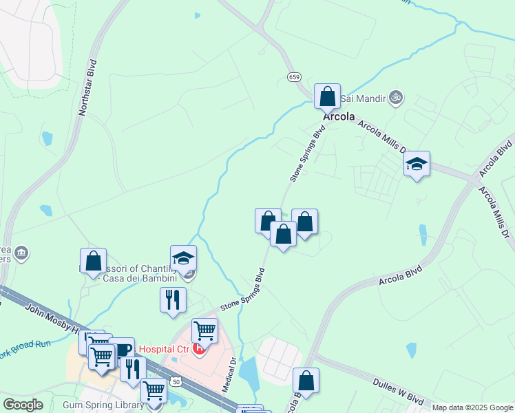 map of restaurants, bars, coffee shops, grocery stores, and more near 24269 Stone Springs Boulevard in Sterling