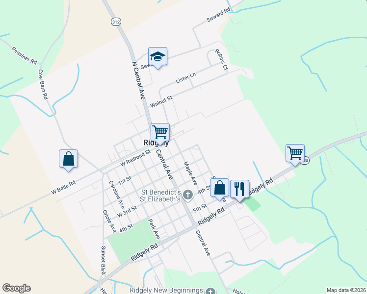 map of restaurants, bars, coffee shops, grocery stores, and more near 10E West 1st Street in Ridgely