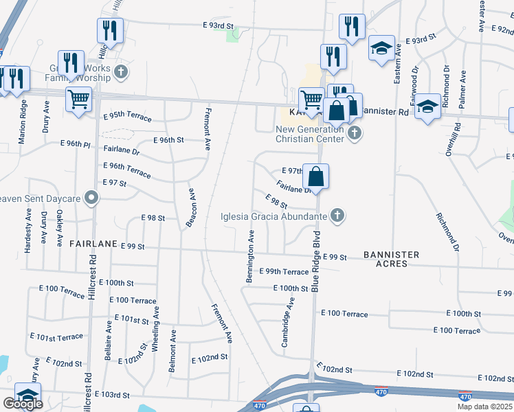 map of restaurants, bars, coffee shops, grocery stores, and more near 9801 Bennington Ave in Kansas City