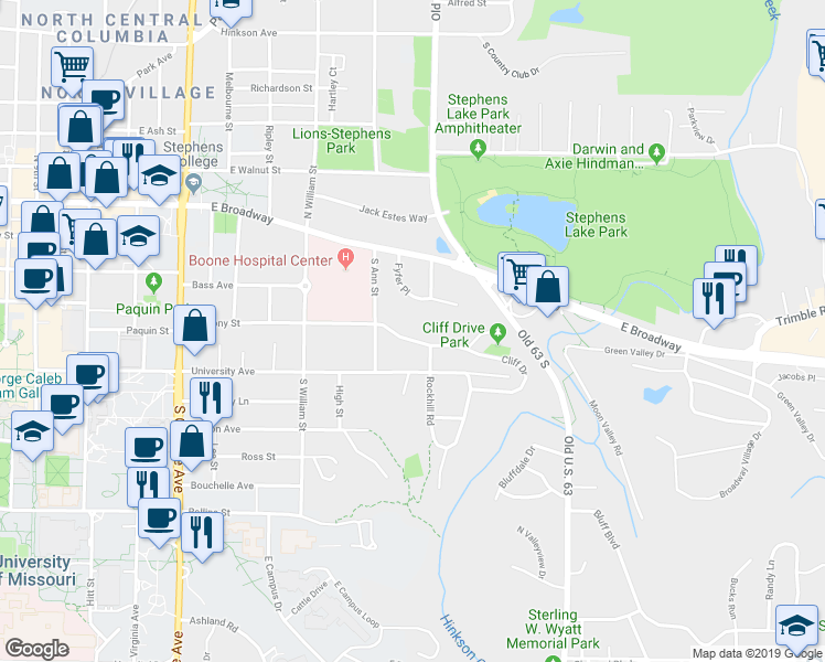 map of restaurants, bars, coffee shops, grocery stores, and more near 1717 Cliff Drive in Columbia