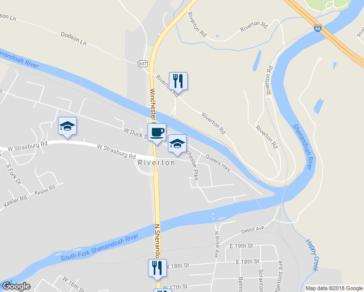 map of restaurants, bars, coffee shops, grocery stores, and more near 1383 Old Winchester Pike in Front Royal