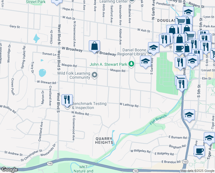 map of restaurants, bars, coffee shops, grocery stores, and more near 602 West Stewart Road in Columbia