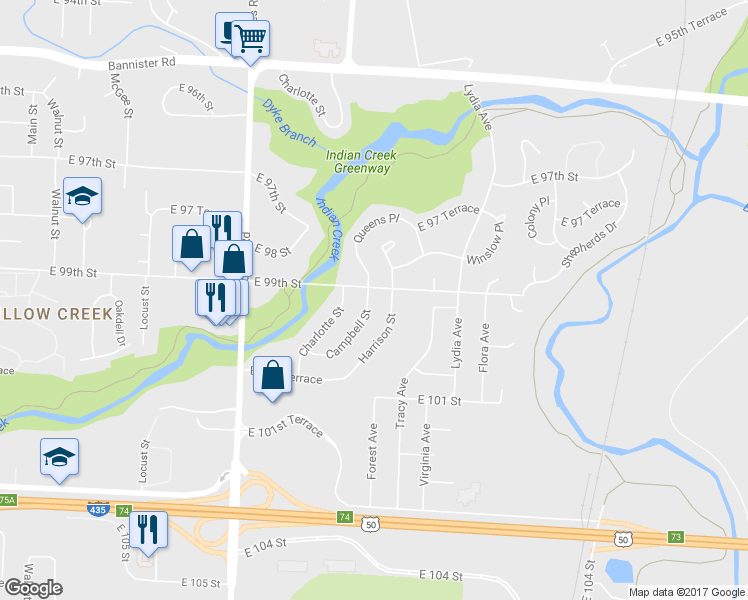 map of restaurants, bars, coffee shops, grocery stores, and more near 9903 Campbell Street in Kansas City