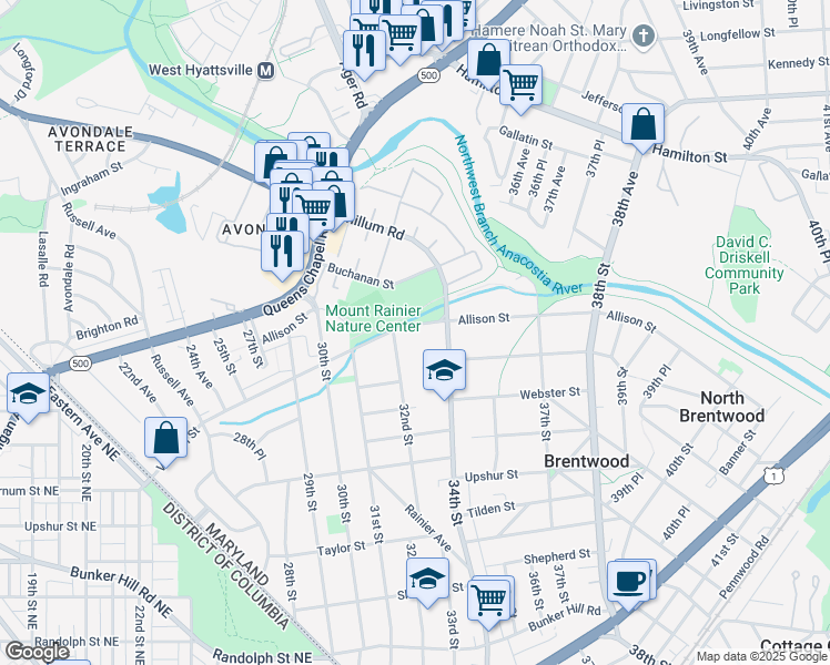 map of restaurants, bars, coffee shops, grocery stores, and more near 3205 Arundel Road in Mount Rainier