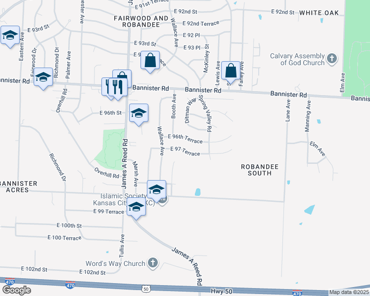map of restaurants, bars, coffee shops, grocery stores, and more near 8620 East 97 Terrace in Kansas City