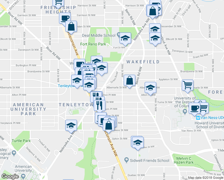 map of restaurants, bars, coffee shops, grocery stores, and more near 3814 Albemarle St in Washington