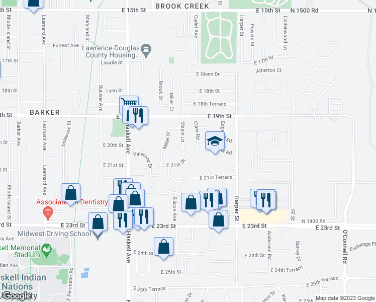 map of restaurants, bars, coffee shops, grocery stores, and more near 2010 Maple Lane in Lawrence
