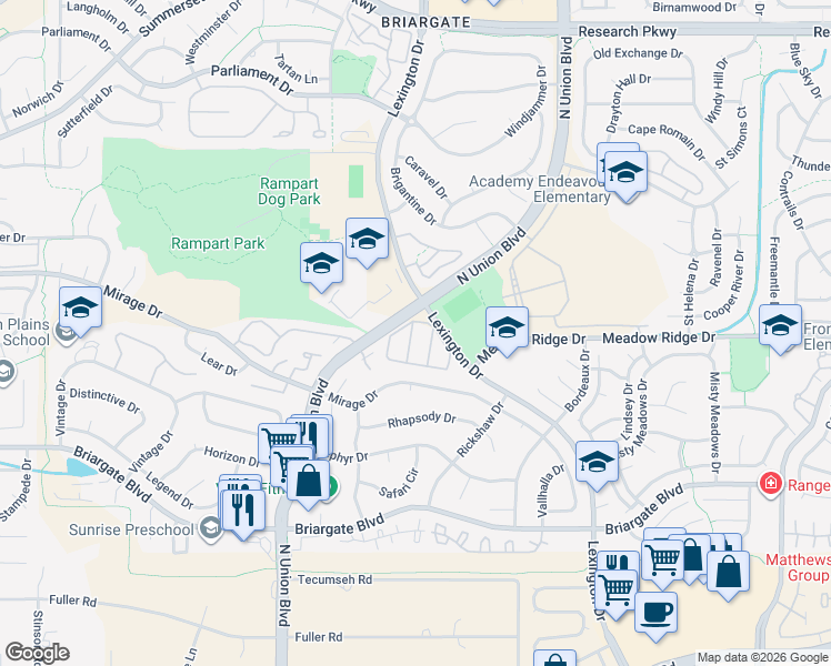 map of restaurants, bars, coffee shops, grocery stores, and more near 8033 Lexington Park Drive in Colorado Springs