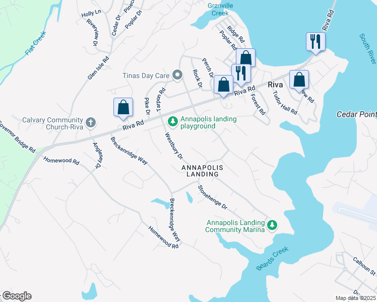 map of restaurants, bars, coffee shops, grocery stores, and more near 210 Grisdale Hill in Riva