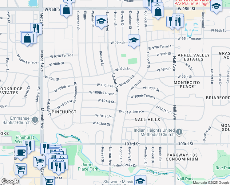 map of restaurants, bars, coffee shops, grocery stores, and more near 6300 West 100th Terrace in Overland Park
