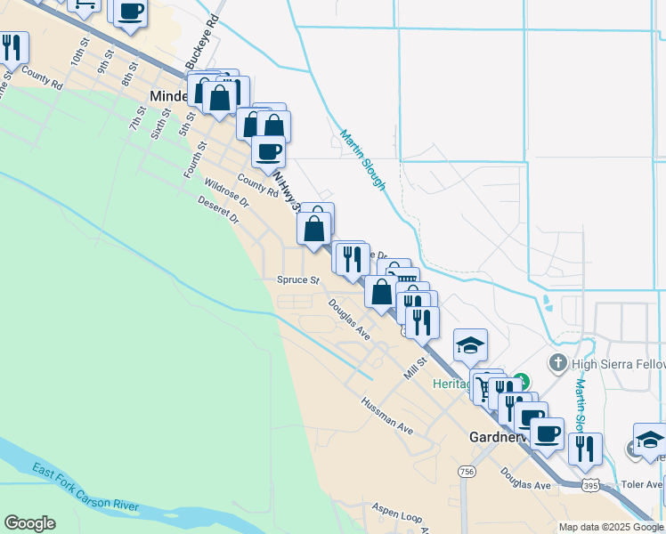 map of restaurants, bars, coffee shops, grocery stores, and more near 1542 U.S. Highway 395 North in Gardnerville