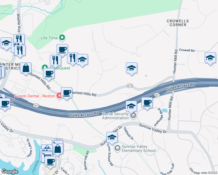 map of restaurants, bars, coffee shops, grocery stores, and more near 10900 Sunset Hills Road in Reston